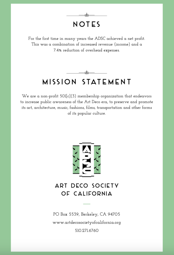 Art Deco Society of California  Financial records
